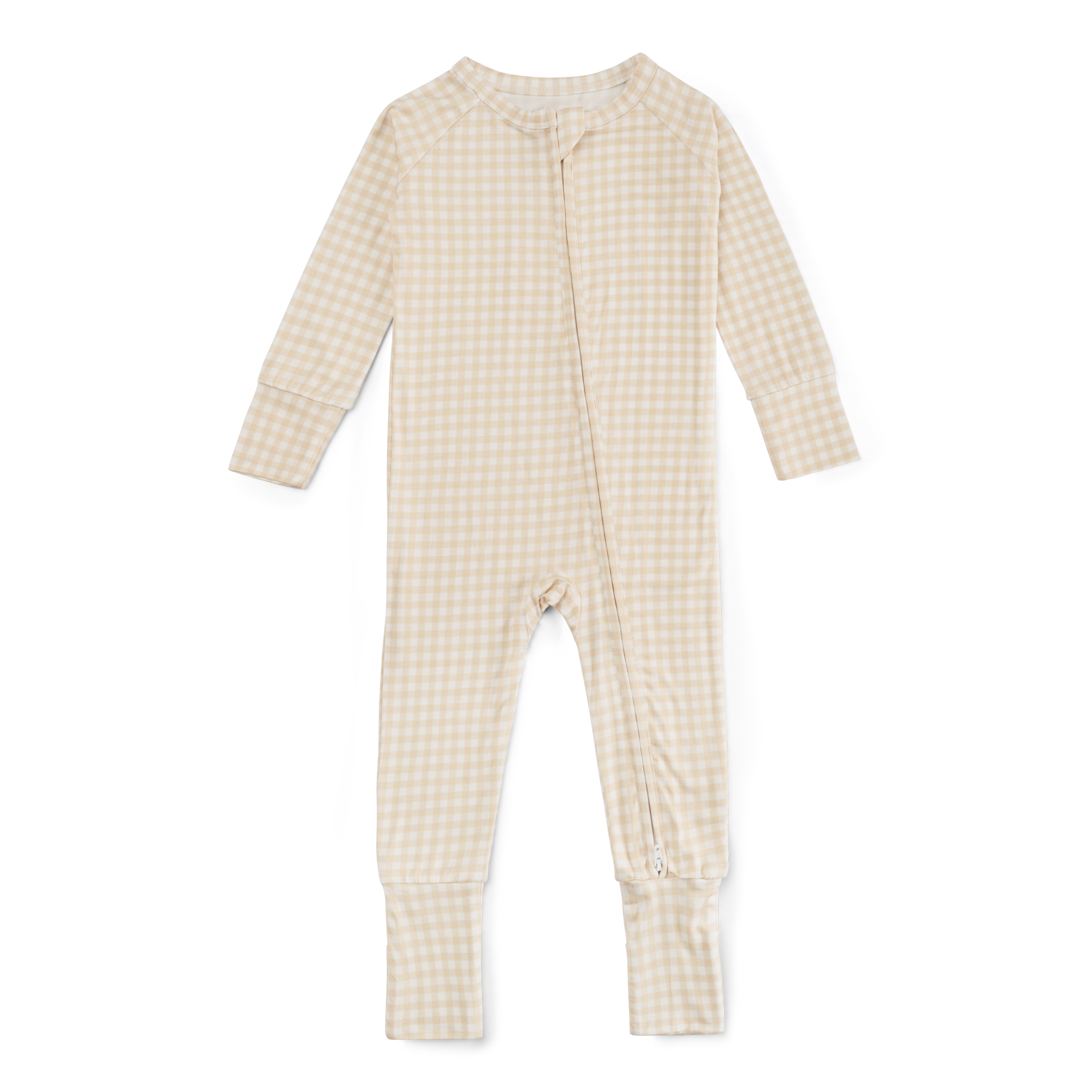 Flat lay of beige checkered bamboo zipper romper for newborns, featuring two-way zipper and fold-over cuffs, made from soft, breathable fabric.