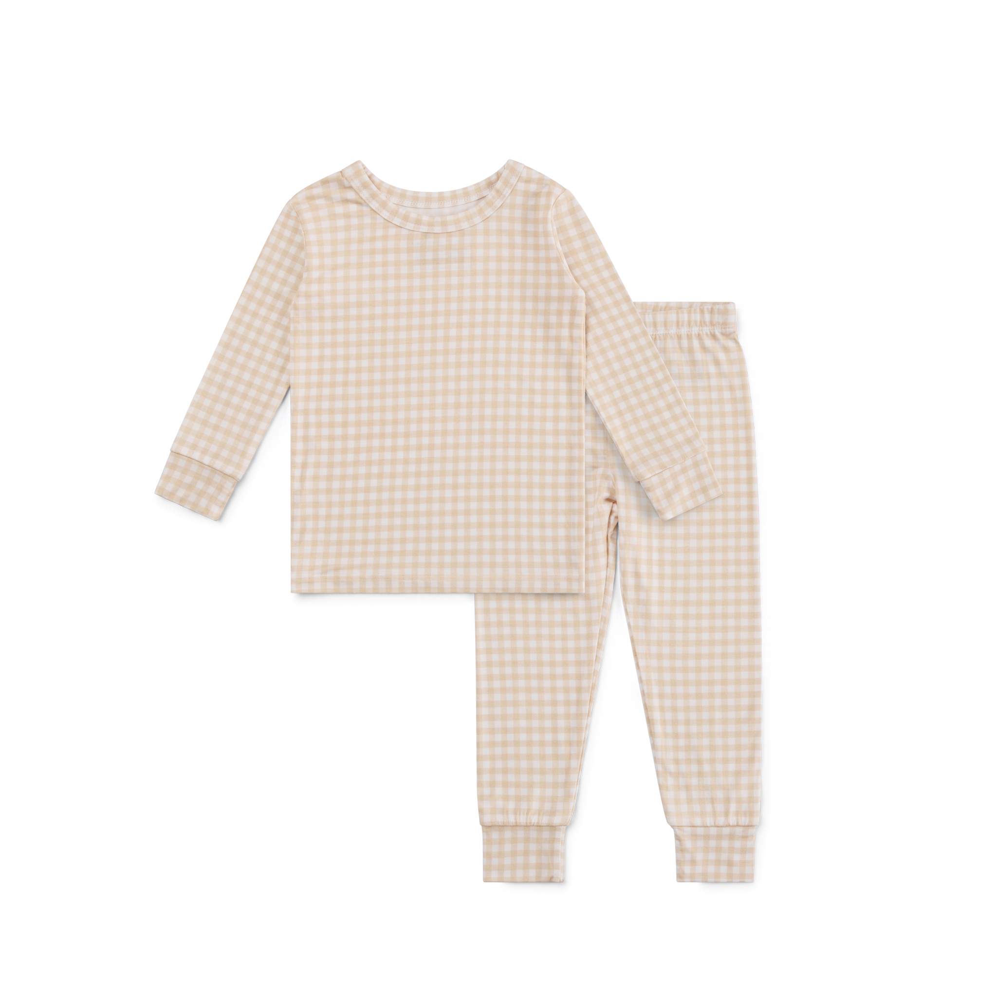 Flat lay of beige checkered bamboo two-piece toddler pajama set, top and bottom arranged side by side.