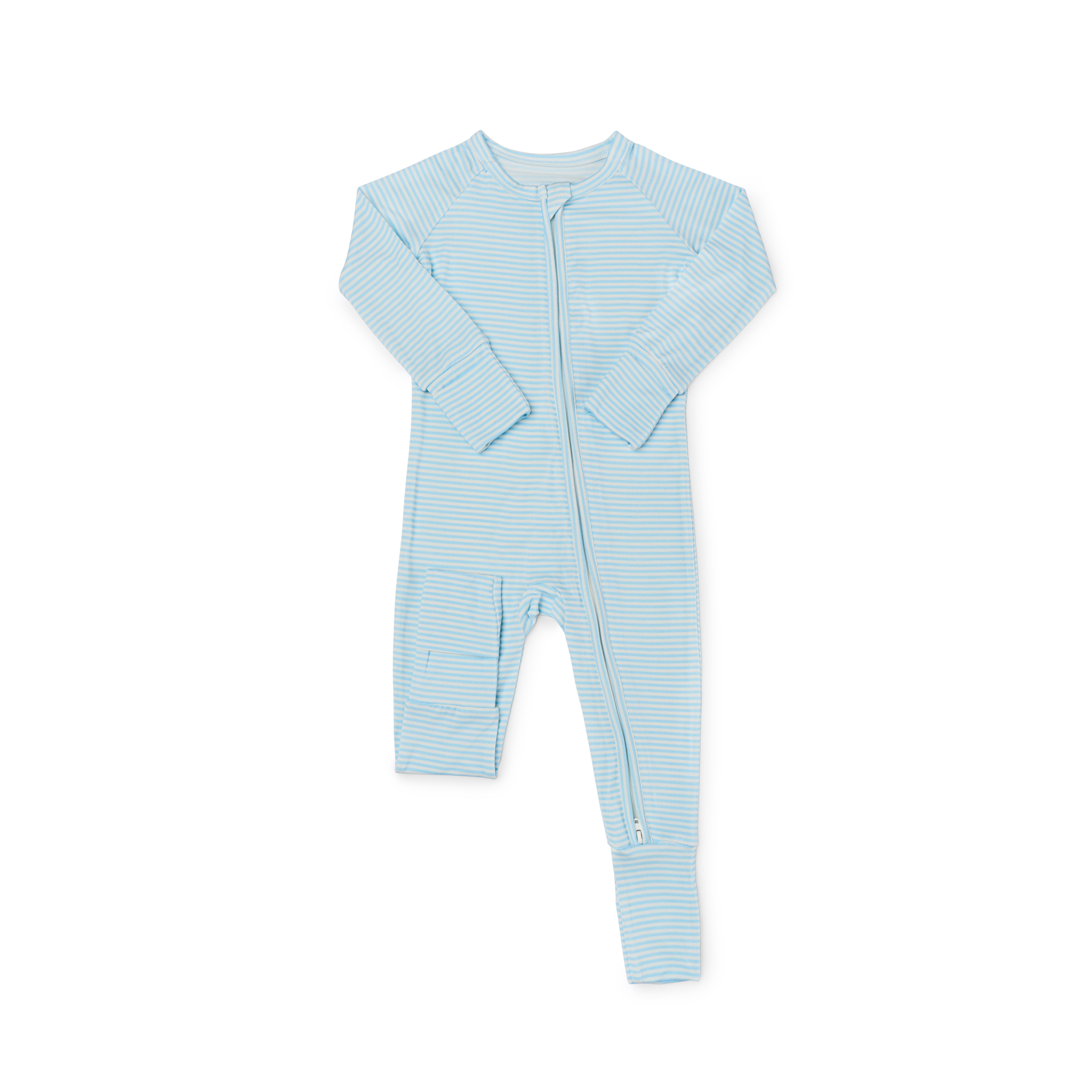 Detailed shot of the fold-over cuffs on the Seaside Stripe sleeper, designed for built-in mittens or foot coverage.