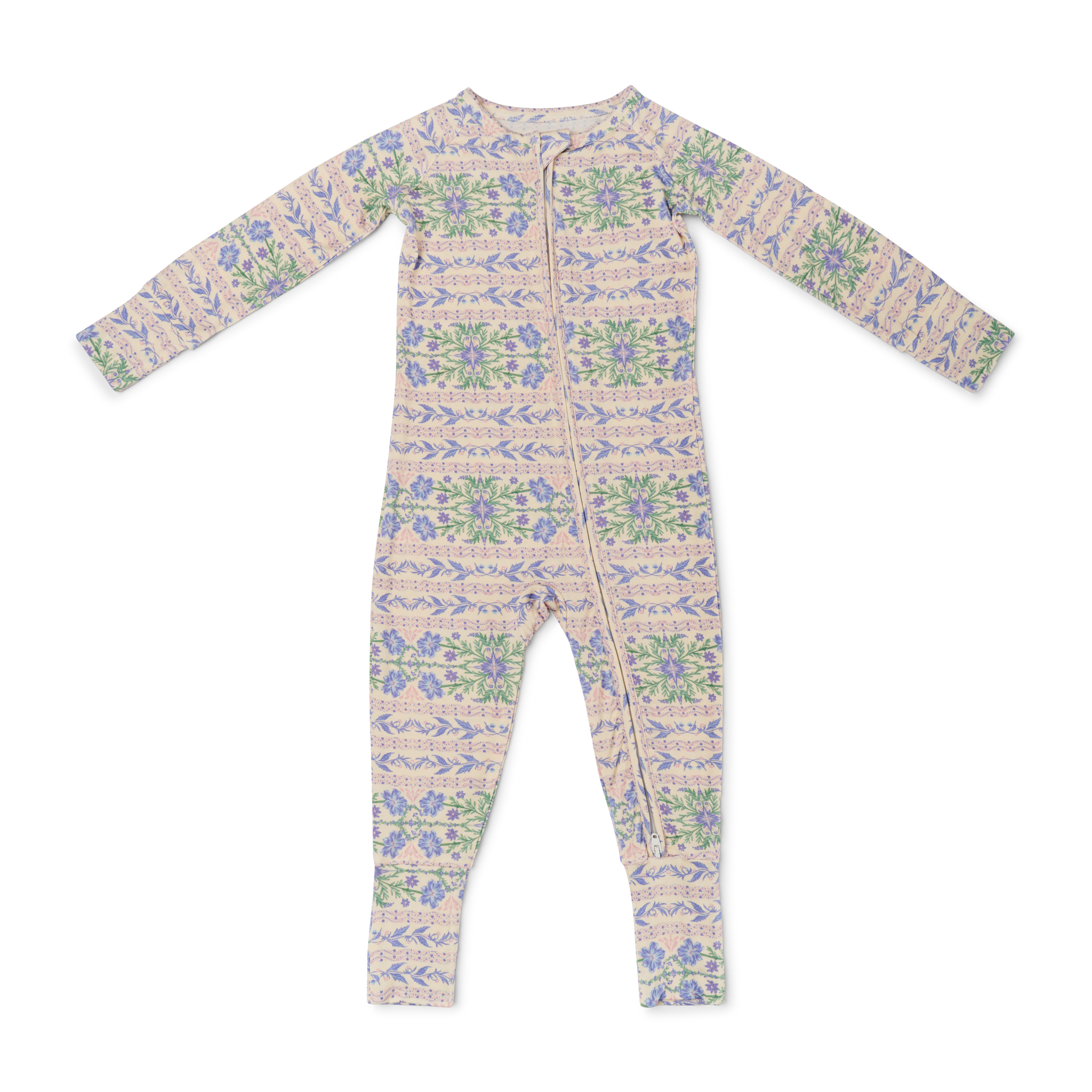 Flat lay of the pink and purple floral bamboo sleeper, showcasing the all-over print and cozy footed design