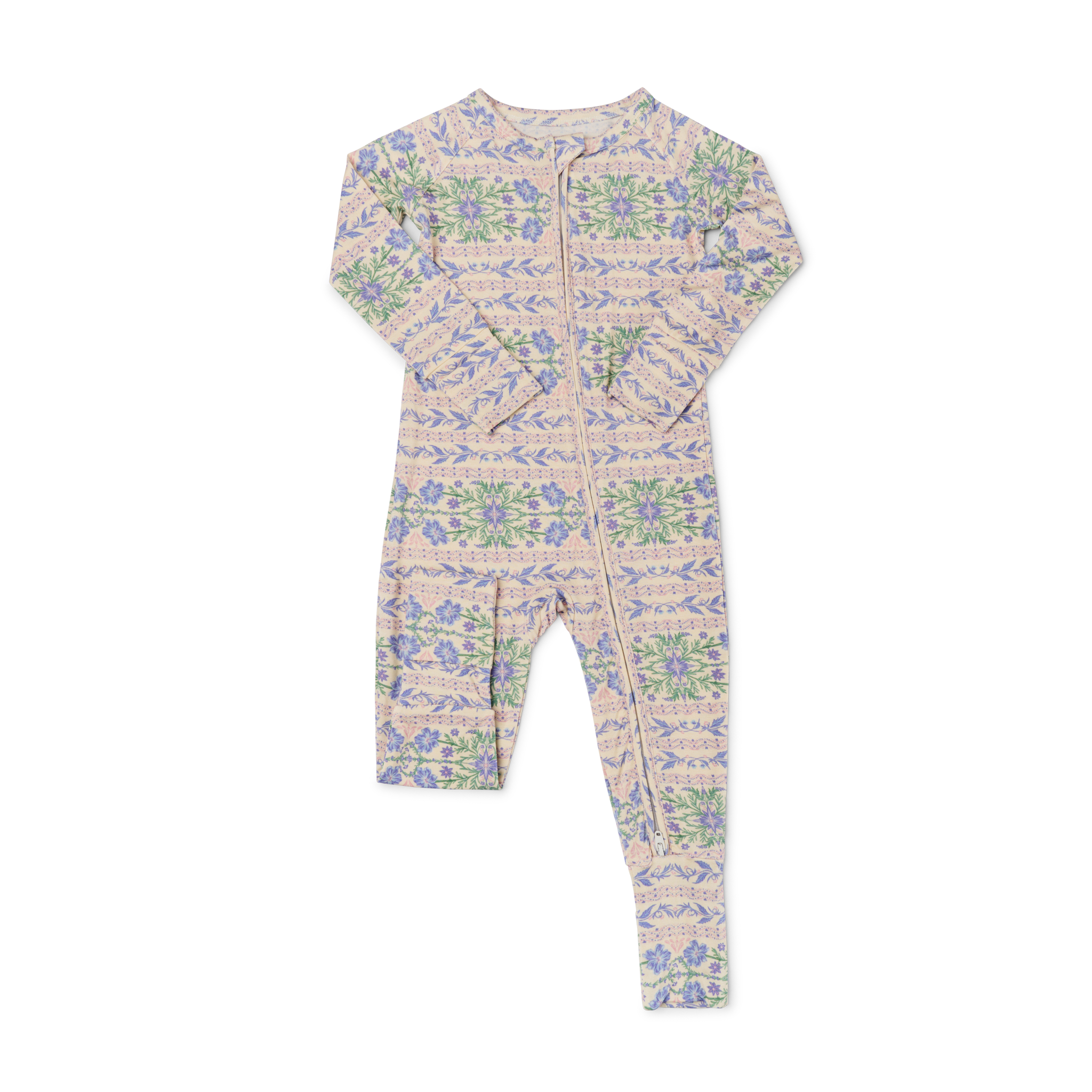 Flat lay of the sleeper with fold-over cuffs prominently displayed, highlighting the convertible foot feature