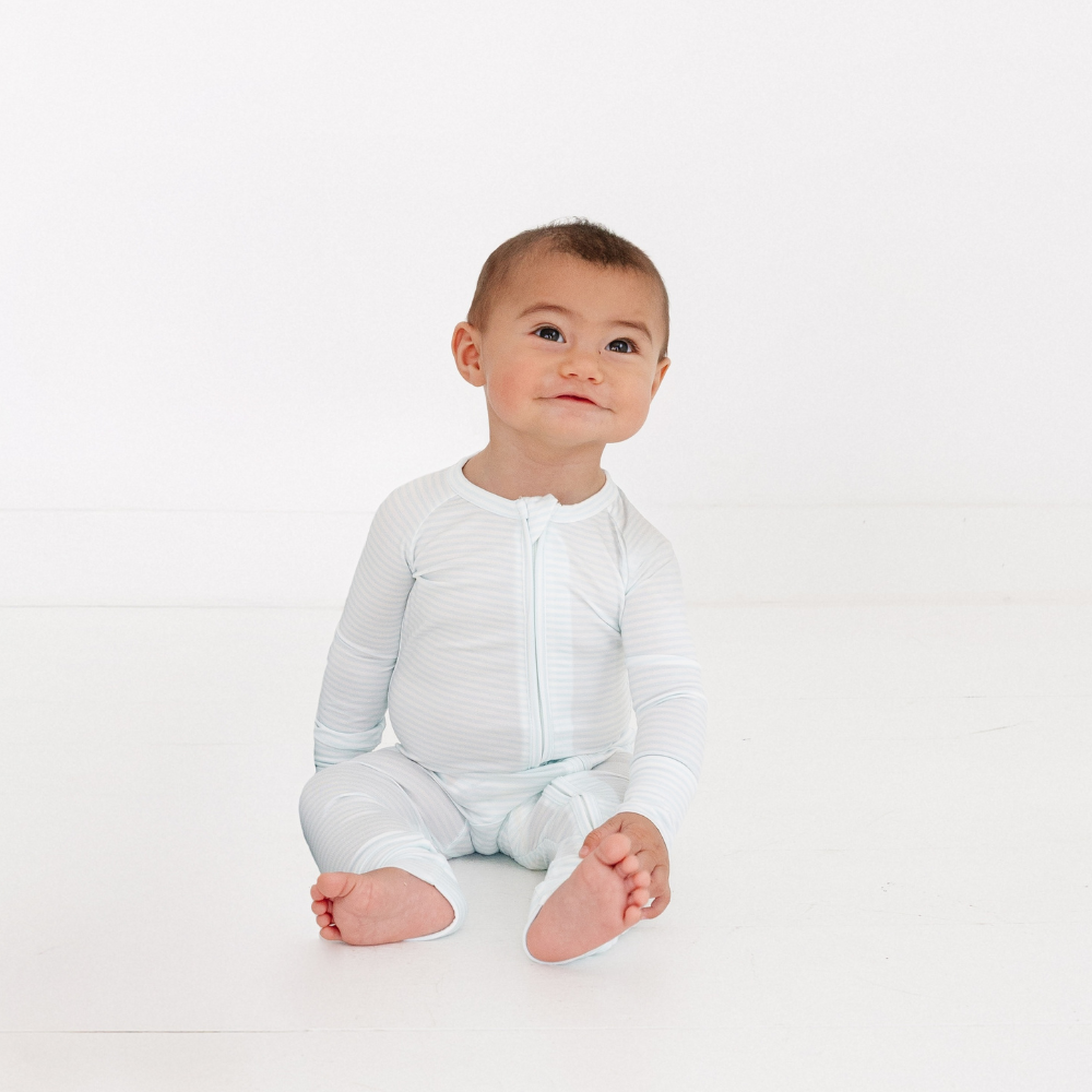 Baby in Cloud Stripe Bamboo Sleeper by Motette – soft, eczema-friendly bamboo pajamas