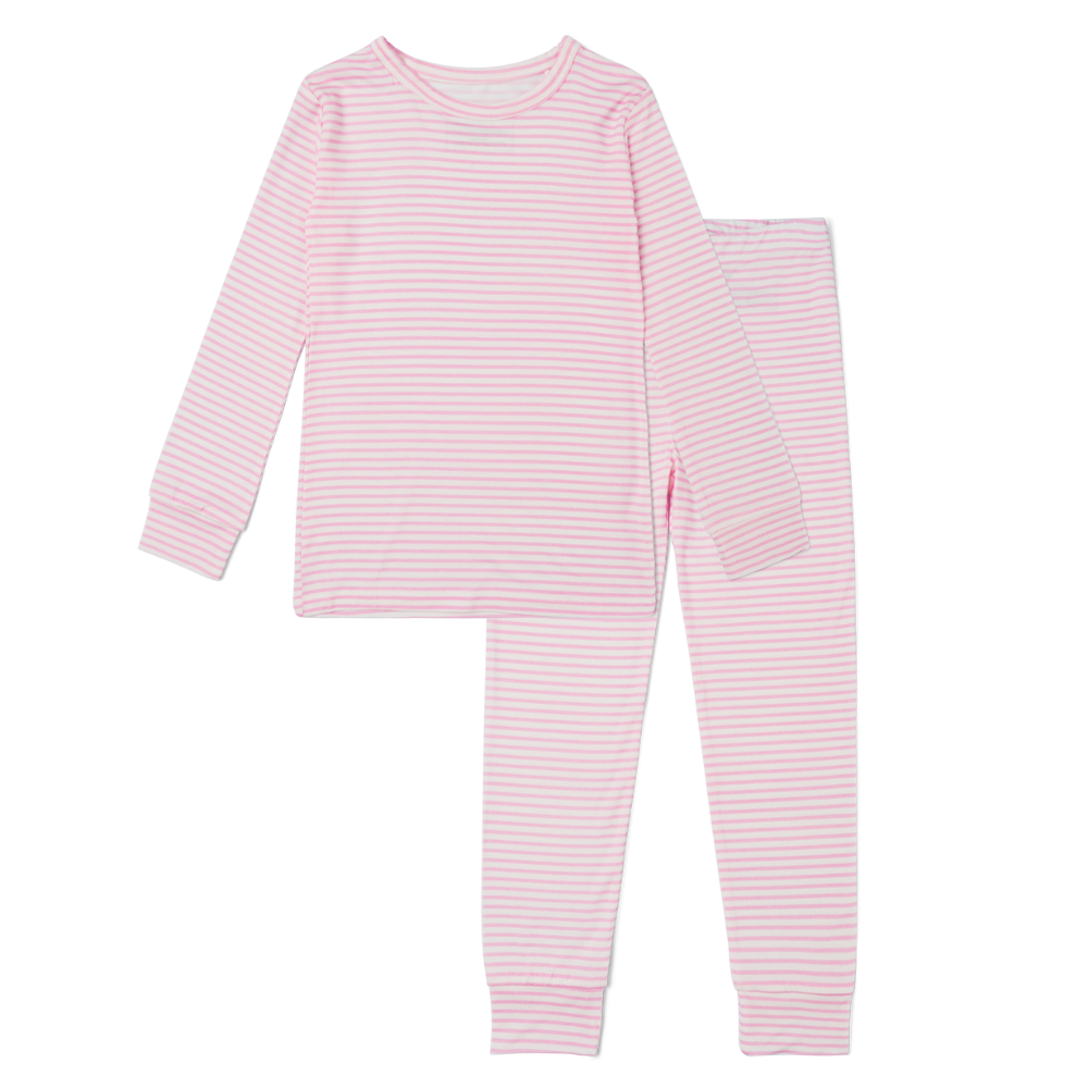 Flat lay of Motette ballet stripe pink and white bamboo toddler pajama set with long sleeves