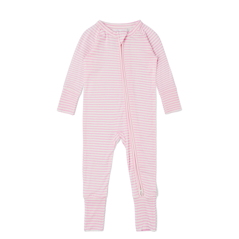 Flat lay of Motette Ballet Stripe pink and white striped bamboo baby sleeper with long sleeves and zipper front

