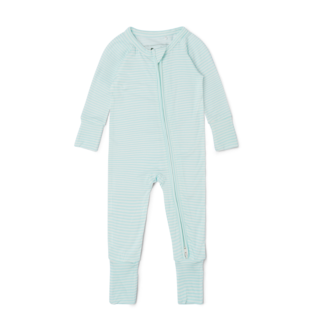 Flat lay of Motette Cloud Stripe light blue and white striped bamboo baby sleeper with long sleeves and zipper front

