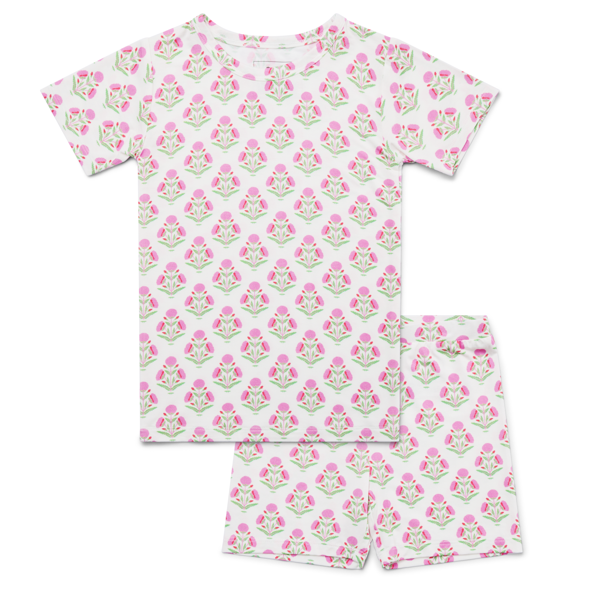 Flat lay image of the Pink Posie Short Sleeve & Shorts Bamboo Toddler Pajama Set from Motette