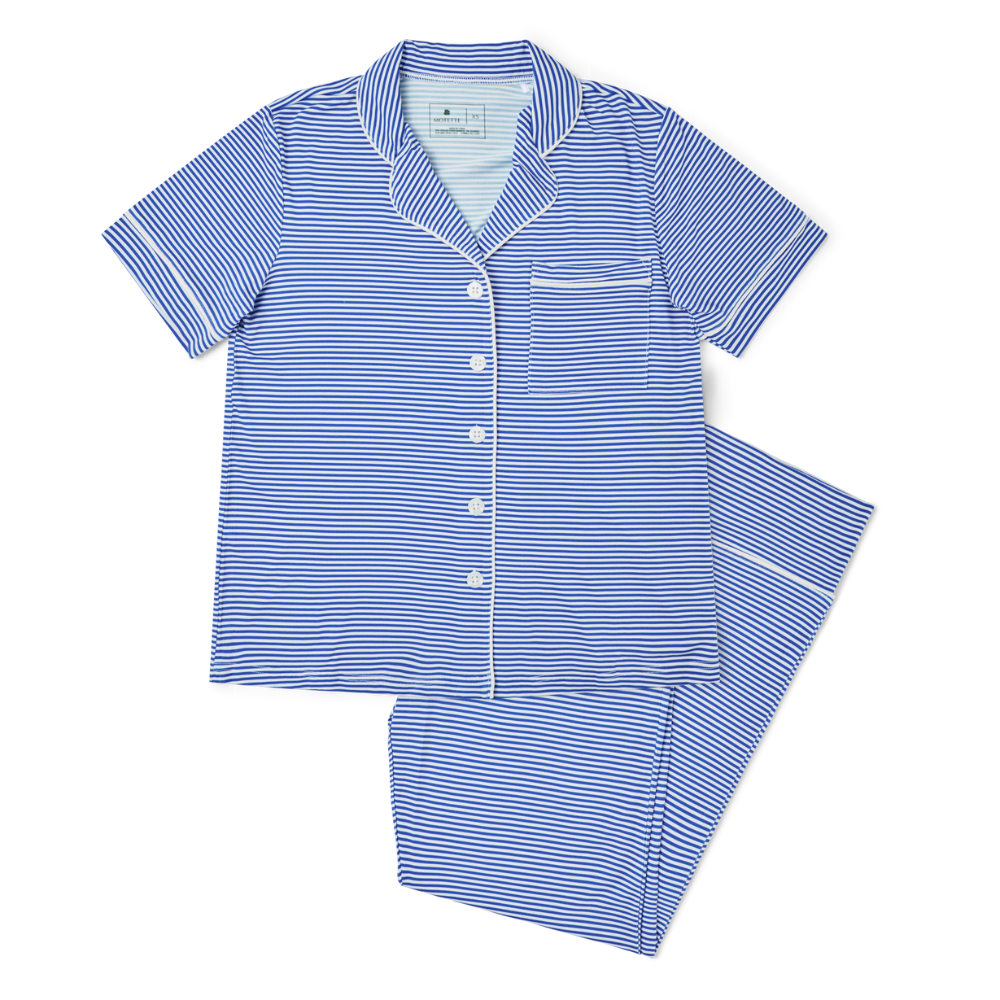 Flat lay of Motette cobalt stripe short sleeve and pants women’s bamboo pajama set

