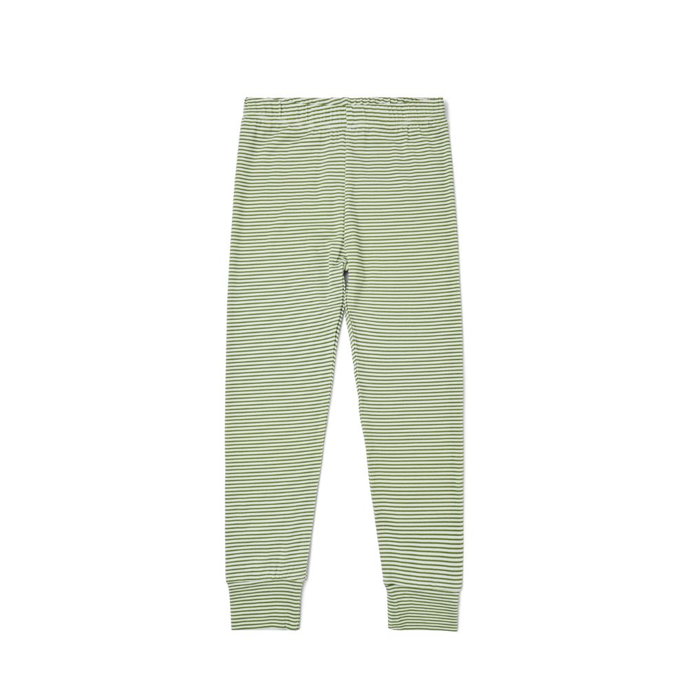 Motette Evergreen Stripe Bamboo Kids Pajama Set flat lay showing pants in green stripe pattern.