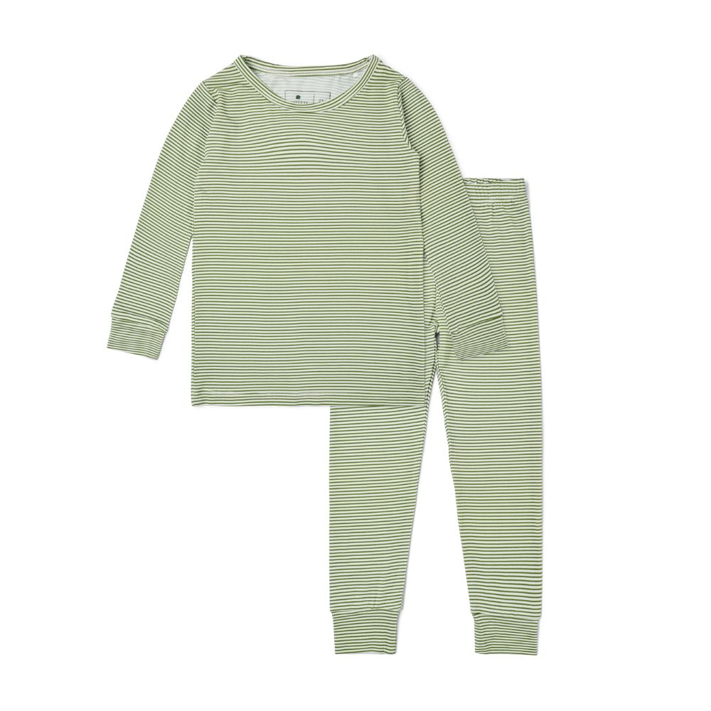 Motette Evergreen Stripe Bamboo Kids Pajama Set flat lay showing long sleeve top and matching pants in green stripe pattern.