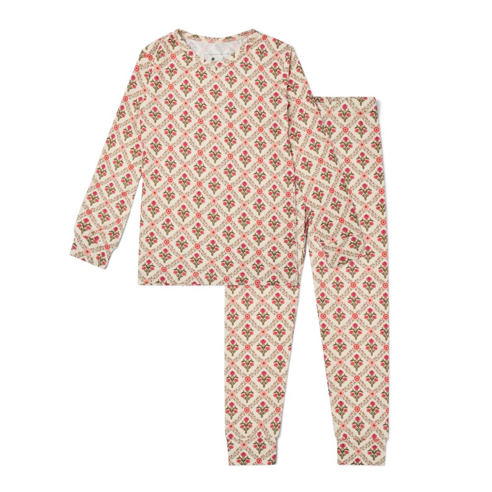 Motette Holly Trellis Bamboo Kids Pajama Set flat lay showing long sleeve top and matching pants with floral print.