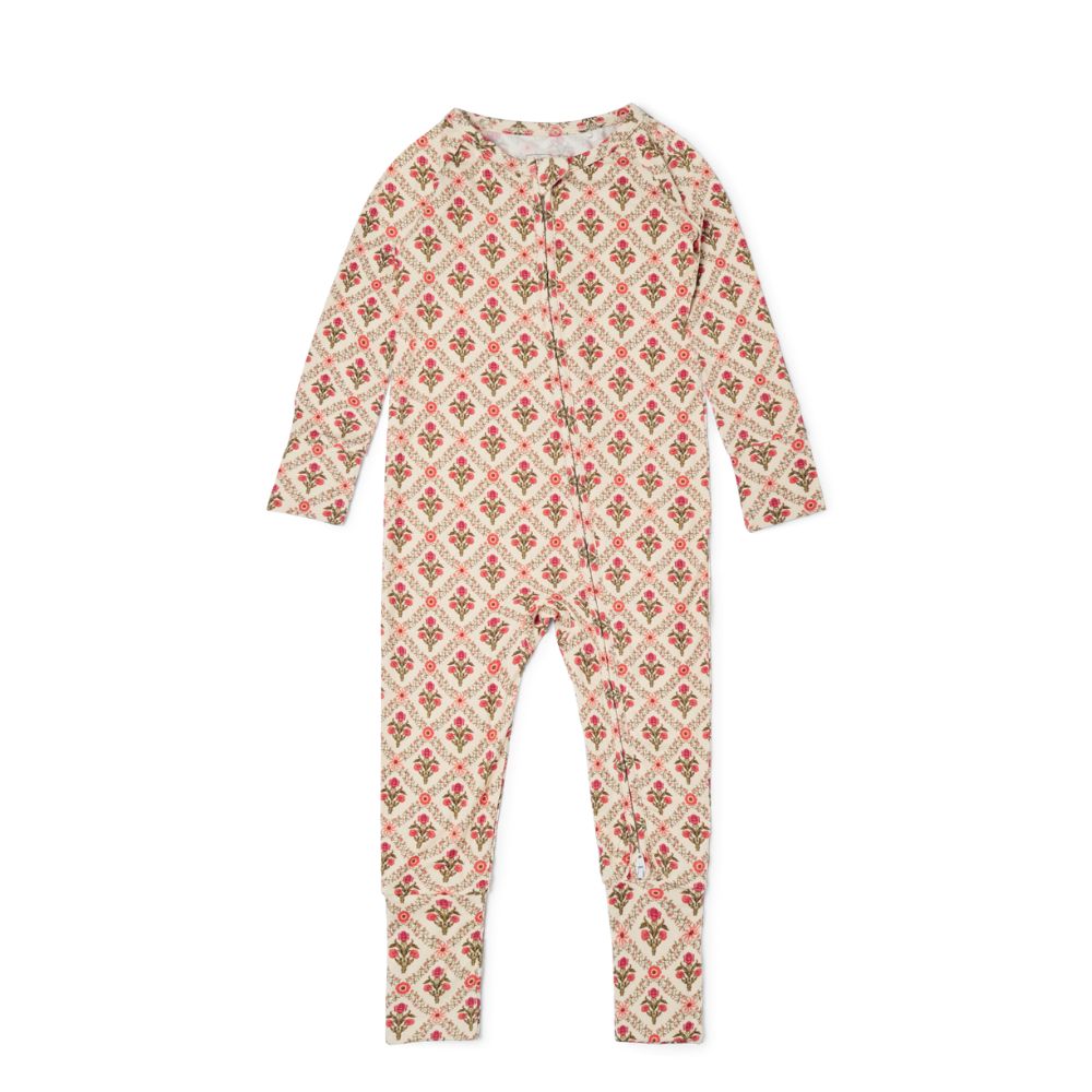 Holly Trellis Bamboo Sleeper flat lay showing full-length zipper and floral print design.