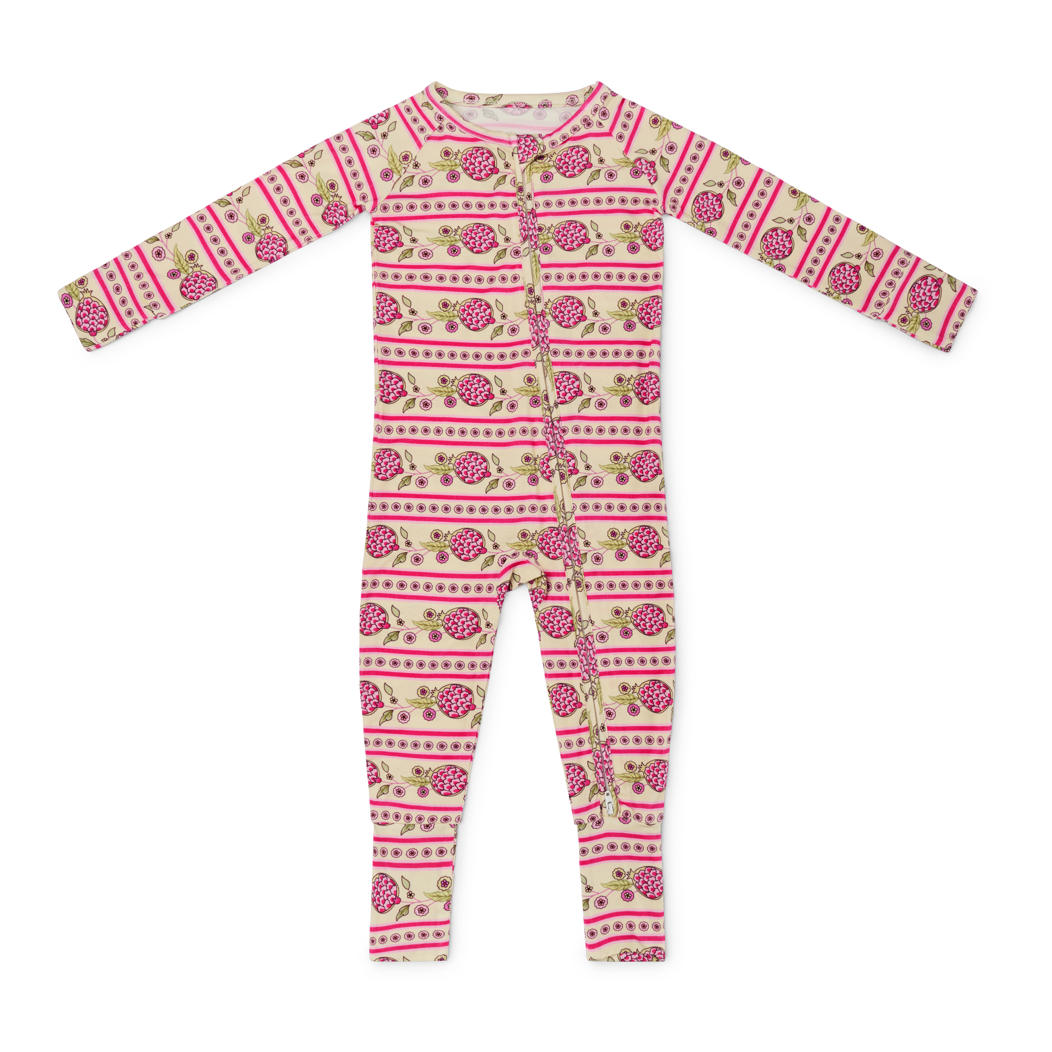 A flatlay of the Motette Pomegranate Soiree Bamboo Sleeper laid out on a white background, featuring a cream base with a pink pomegranate and floral trellis pattern, pink and white striped cuffs, and a full-length double zipper.