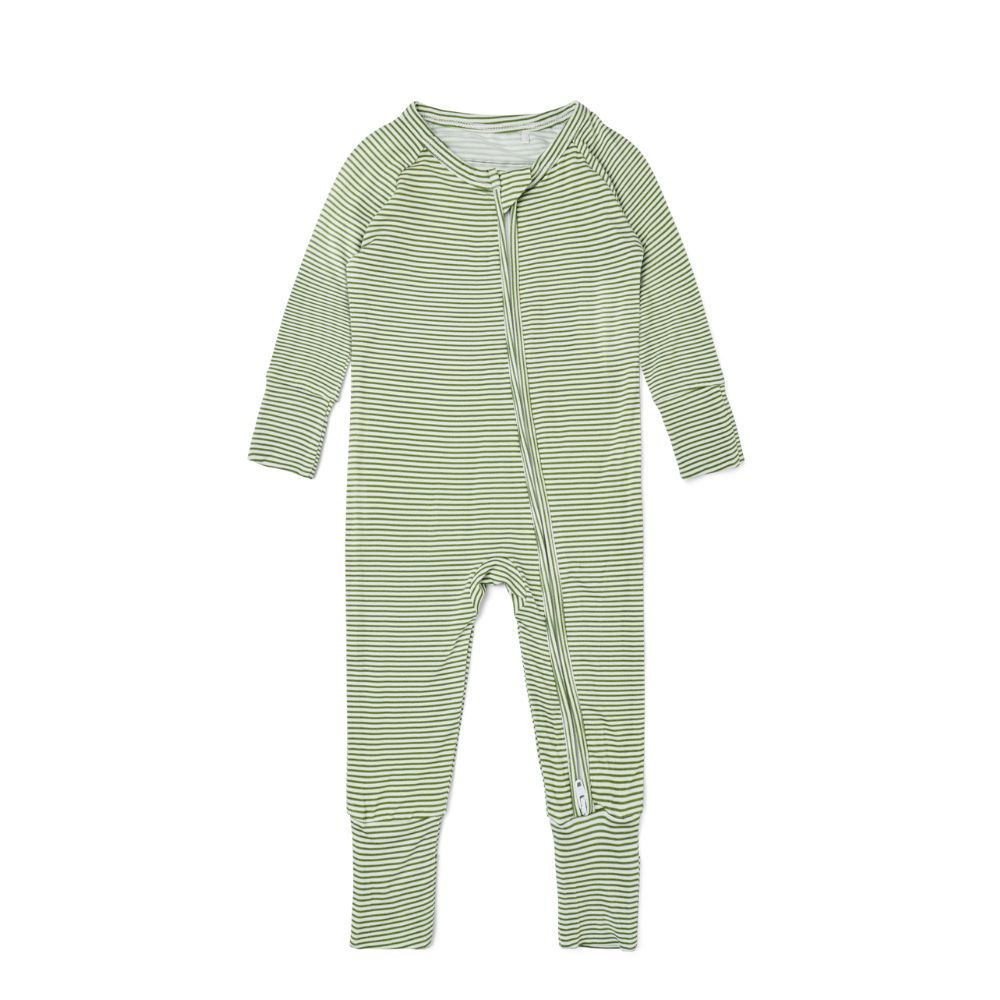 Flat lay of Motette Evergreen Stripe Bamboo Sleeper showing green striped baby pajamas.